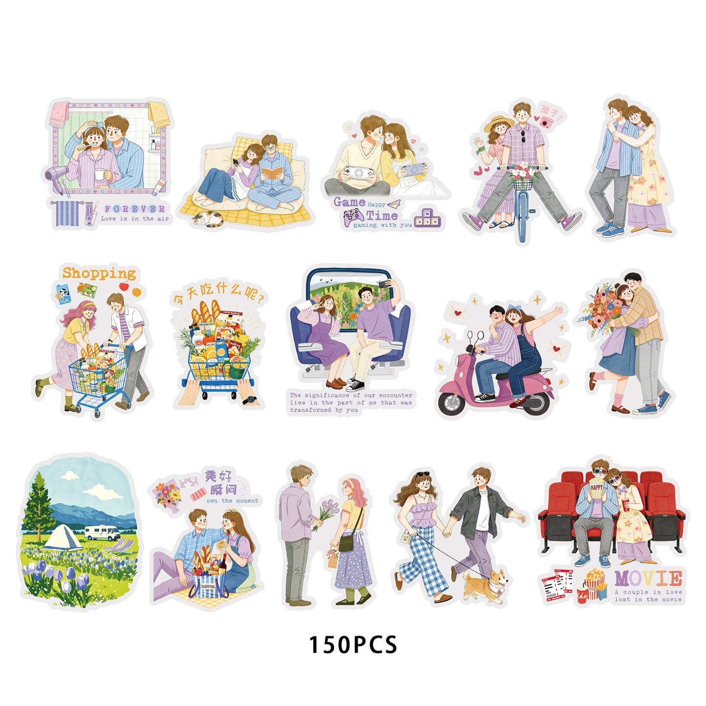 Etori Life 15Pcs Gentle Illustration Love Partner Set Stickers Phone Case Skateboard Tablet Diy Decorative Sticker Suitable for Laptop, Handbag, Album, Diary, Pencil Box, Pen Holder, Helmet, Bicycle, Family Plan, Notepad, handmade Scrapbooking Supplies