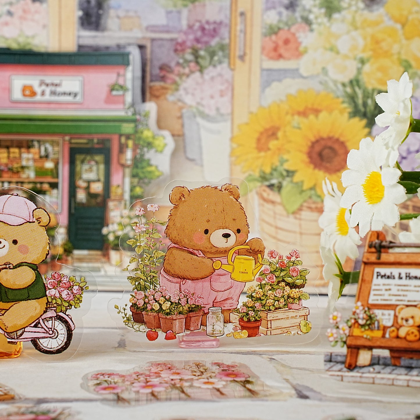 Etori Life 15PCs Cute Bear Matching Flower Small Shop City Building Pattern Pet Stickers Suitable for Laptop, Guitar, Diary, Helmet, Bicycle, Handmade Scrapbooking Supplies, Birthday and Holiday Gift, DIY Making, Office Decoration Accessories