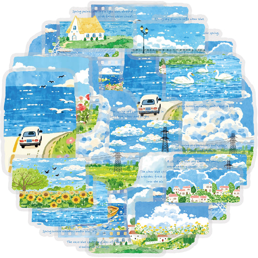 Etori Life Healing Department Spring Scenery Hand Ledger Sticker 30PCs Fresh Blue Sky Flower Sea Decorative Sticker Notebook Collage Landscaping Material Suitable for Laptop, Luggage, Skateboard, Water Bottle, Guitar, Photo Album, DIY Production