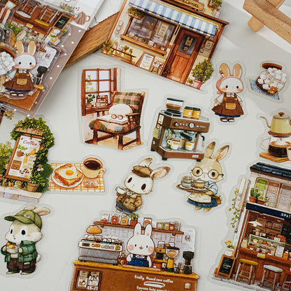 Etori Life Retro Bunny Cafe Cute Creative Pet Sticker for Laptop, Luggage, Photo Album, Water Bottle, Bicycle, Guitar, Office Decoration Accessories, DIY Seal, Handmade Scrapbooking Supplies, Envelope and Paper Gift Bag, Birthday and Holiday Gift
