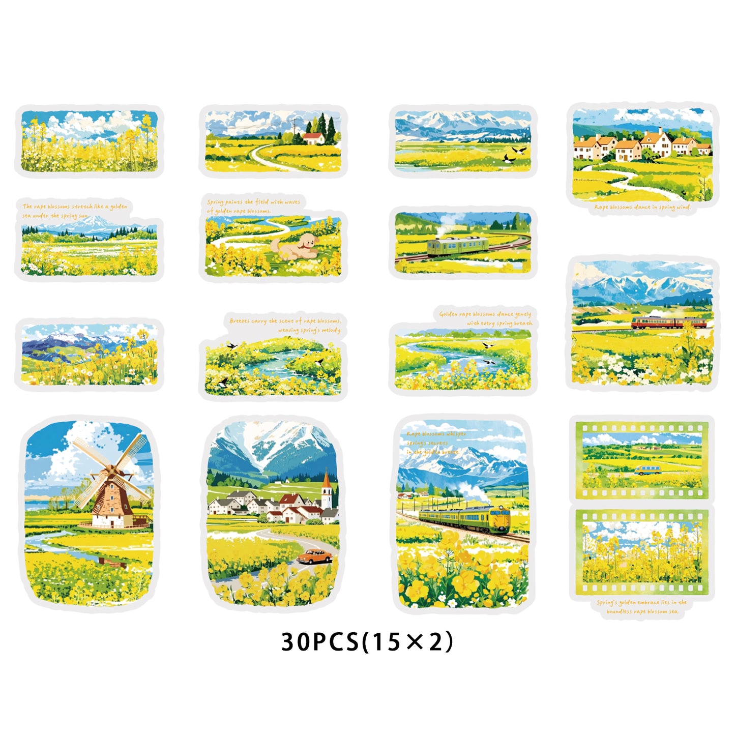 Etori Life 30PCs Spring Rape Flower Pastoral Stickers Landscape Notebook Collage Landscaping Material Suitable for DIY Production, Laptop, Skateboard, Luggage, Guitar, Photo Album, Handmade Scrapbooking Supplies, Room Decoration, Birthday and Holiday