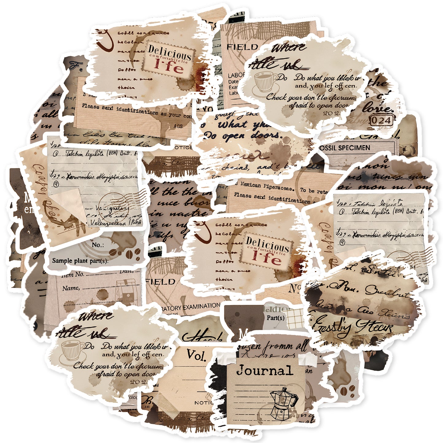 Etori Life Retro Distressed Coffee Stain English Old Paper Stickers 30PCs Retro Bill Text Journal Decoration Stickers Suitable for Handmade Scrapbooking Supplies, Laptops, Luggage, Guitars, Photo Albums, Bicycles, Office Decoration Accessories