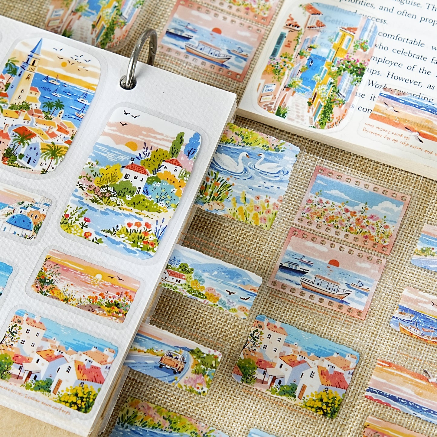 Etori Life Fresh Seaside Travel Stickers 30PCs Town Scenery Notebook Collage Landscaping Material Suitable for Luggage, Laptop, Guitar, Skateboard, Refrigerator, Room Decoration, Handmade Scrapbooking Supplies, DIY Production, Office Decoration