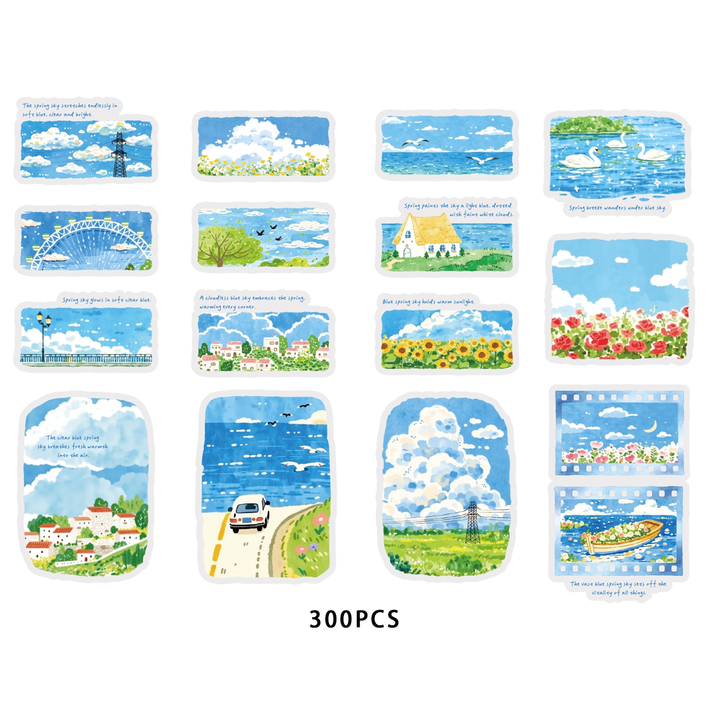 Etori Life Healing Department Spring Scenery Hand Ledger Sticker 30PCs Fresh Blue Sky Flower Sea Decorative Sticker Notebook Collage Landscaping Material Suitable for Laptop, Luggage, Skateboard, Water Bottle, Guitar, Photo Album, DIY Production