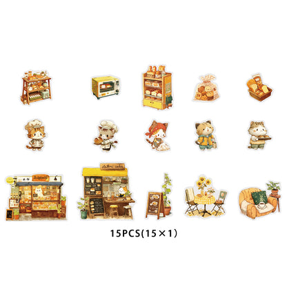 Etori Life 15PCs Warm Series Aesthetic Match Cute Baking Kitten Pattern Small House Stickers for Laptop, Luggage, Photo Album, Guitar, Bicycle, Office Decoration Accessories, Handmade Scrapbooking Supplies, DIY Making, Envelope and Paper Gift Bag